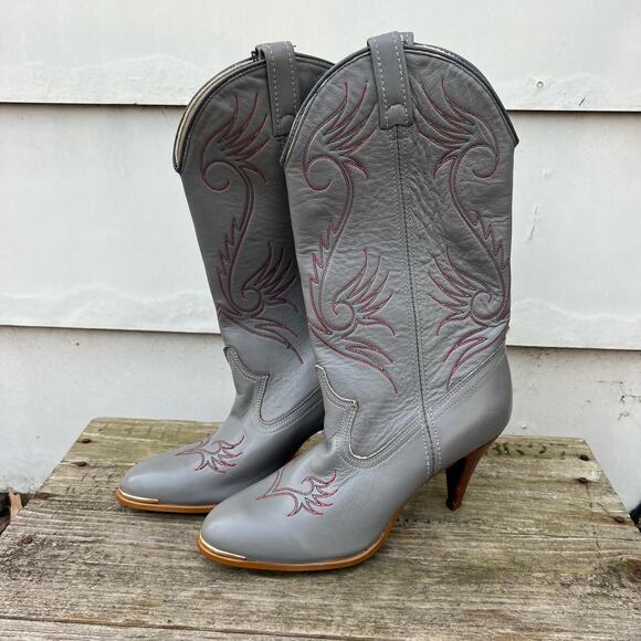 Vintage 80s Acme Gray High Heeled Cowgirl Western Boots 7M - Picture 4 of 8